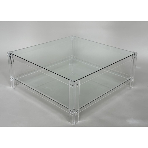 416 - LUCITE LOW TABLE, square glazed raised upon lucite supports with undertier, 90cm x 90cm x 38cm.