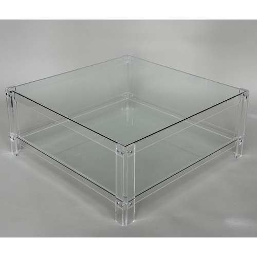 416 - LUCITE LOW TABLE, square glazed raised upon lucite supports with undertier, 90cm x 90cm x 38cm.