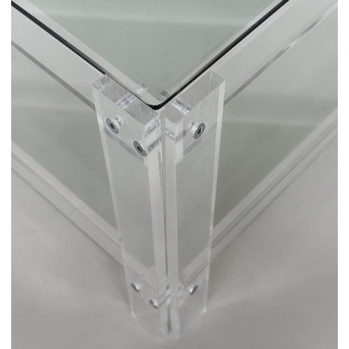 416 - LUCITE LOW TABLE, square glazed raised upon lucite supports with undertier, 90cm x 90cm x 38cm.