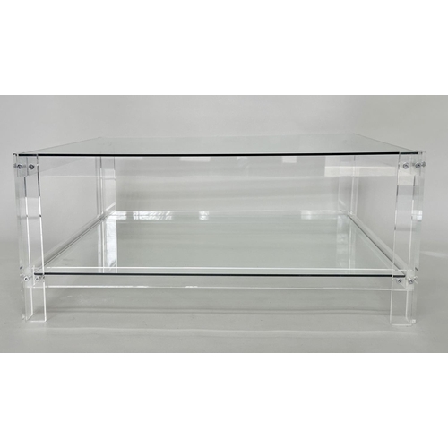 416 - LUCITE LOW TABLE, square glazed raised upon lucite supports with undertier, 90cm x 90cm x 38cm.