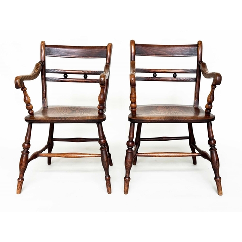 417 - OXFORD ARMCHAIRS, a pair, 19th century English, High Wycombe,  ash, elm and alder with shaped seats ... 