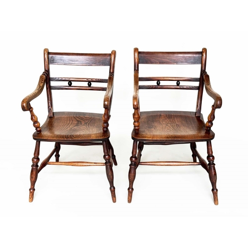 417 - OXFORD ARMCHAIRS, a pair, 19th century English, High Wycombe,  ash, elm and alder with shaped seats ... 