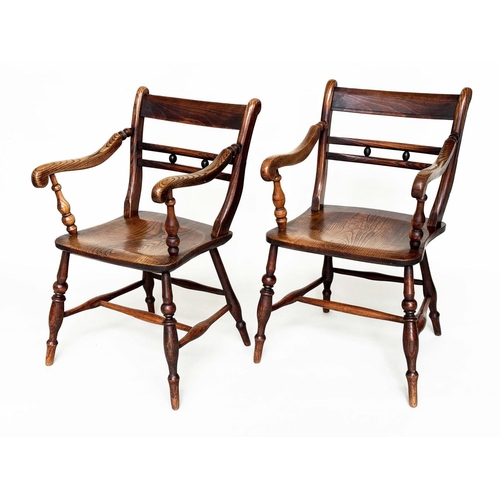 417 - OXFORD ARMCHAIRS, a pair, 19th century English, High Wycombe,  ash, elm and alder with shaped seats ... 