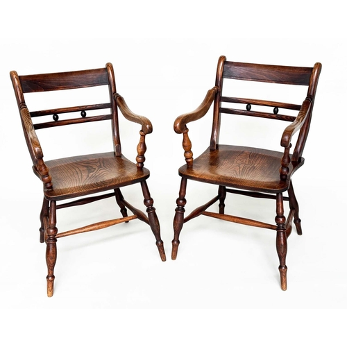 417 - OXFORD ARMCHAIRS, a pair, 19th century English, High Wycombe,  ash, elm and alder with shaped seats ... 