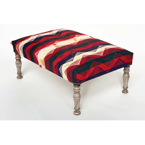 418 - HEARTH STOOL, traditional rectangular with Turkoman Kelim upholstery and turned supports, 94cm x 62c... 