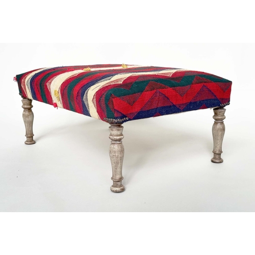 418 - HEARTH STOOL, traditional rectangular with Turkoman Kelim upholstery and turned supports, 94cm x 62c... 