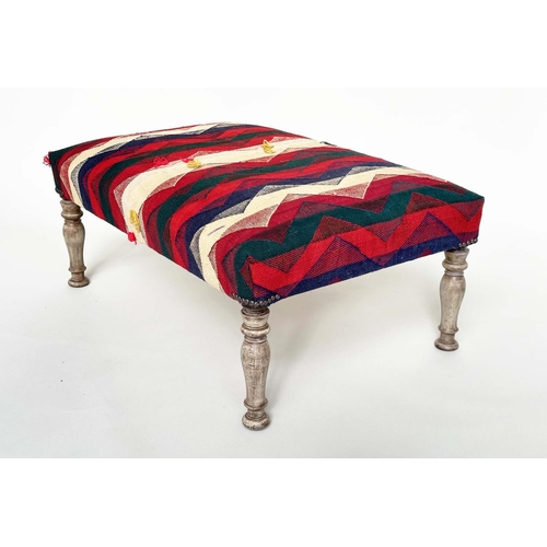 418 - HEARTH STOOL, traditional rectangular with Turkoman Kelim upholstery and turned supports, 94cm x 62c... 