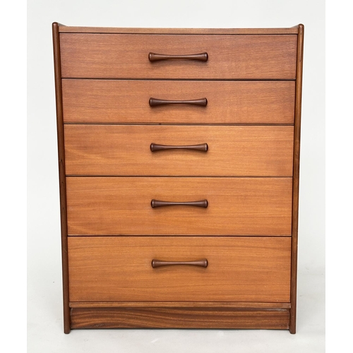 419 - TALL CHEST, 1970s teak with five long drawers and hardwood bale handles, 69cm W x 42cm D x 91cm H.