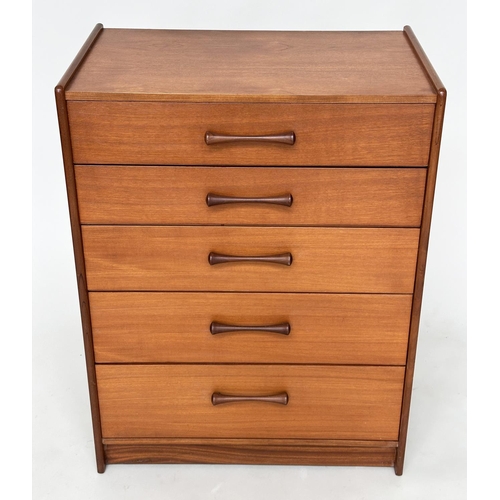 419 - TALL CHEST, 1970s teak with five long drawers and hardwood bale handles, 69cm W x 42cm D x 91cm H.