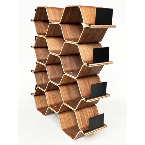 420 - SHELVES BY LUKA STEPAN, walnut veneered plywood polygon shelving system, 136cm x 150cm H x 32cm.