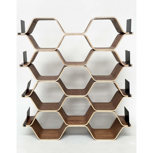 420 - SHELVES BY LUKA STEPAN, walnut veneered plywood polygon shelving system, 136cm x 150cm H x 32cm.