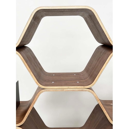 420 - SHELVES BY LUKA STEPAN, walnut veneered plywood polygon shelving system, 136cm x 150cm H x 32cm.