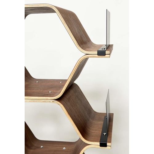 420 - SHELVES BY LUKA STEPAN, walnut veneered plywood polygon shelving system, 136cm x 150cm H x 32cm.