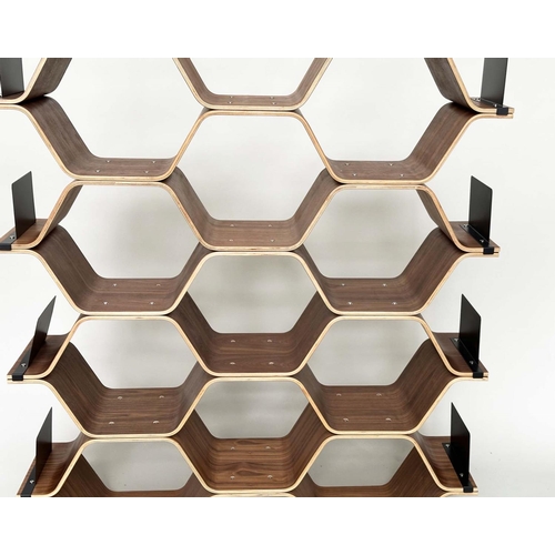 420 - SHELVES BY LUKA STEPAN, walnut veneered plywood polygon shelving system, 136cm x 150cm H x 32cm.