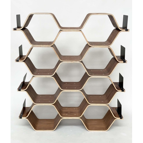 420 - SHELVES BY LUKA STEPAN, walnut veneered plywood polygon shelving system, 136cm x 150cm H x 32cm.