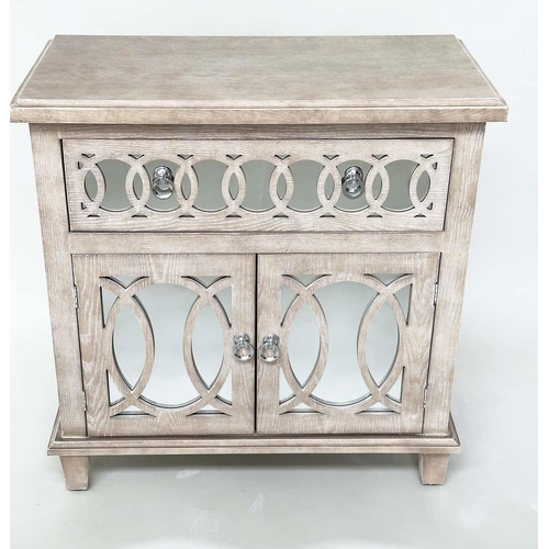 422 - SIDE CABINET, limed oak, mirror panelled and tracery decorated with drawer and two doors, 80cm x 40c... 