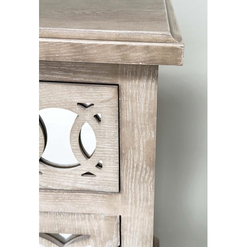 422 - SIDE CABINET, limed oak, mirror panelled and tracery decorated with drawer and two doors, 80cm x 40c... 