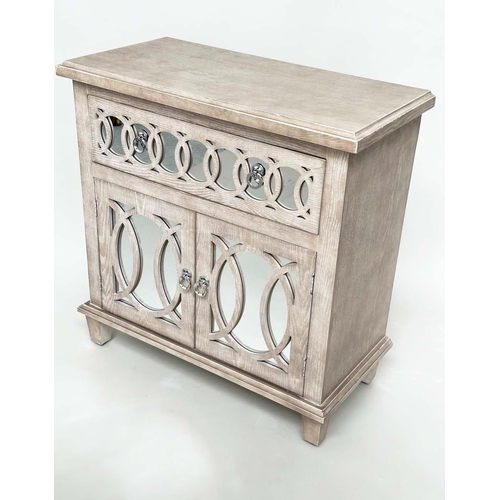 422 - SIDE CABINET, limed oak, mirror panelled and tracery decorated with drawer and two doors, 80cm x 40c... 