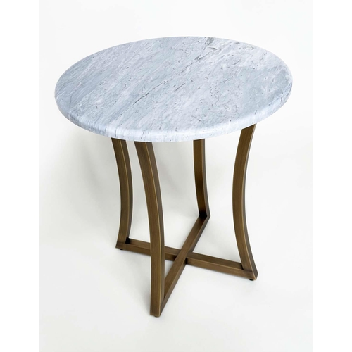 423 - DECCA SIDE TABLE, circular grey/white marble and curved interlocking gilt metal bronzed supports, 50... 