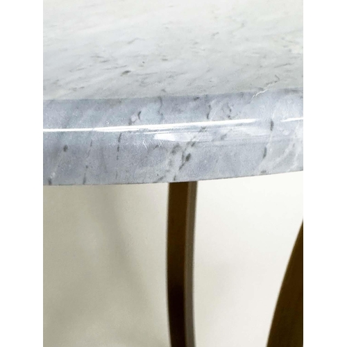 423 - DECCA SIDE TABLE, circular grey/white marble and curved interlocking gilt metal bronzed supports, 50... 