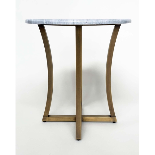 423 - DECCA SIDE TABLE, circular grey/white marble and curved interlocking gilt metal bronzed supports, 50... 