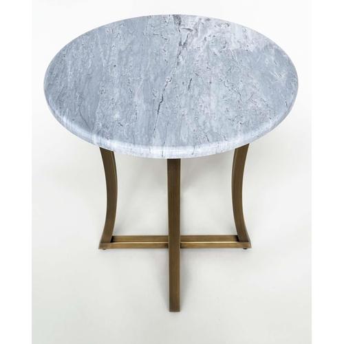 423 - DECCA SIDE TABLE, circular grey/white marble and curved interlocking gilt metal bronzed supports, 50... 