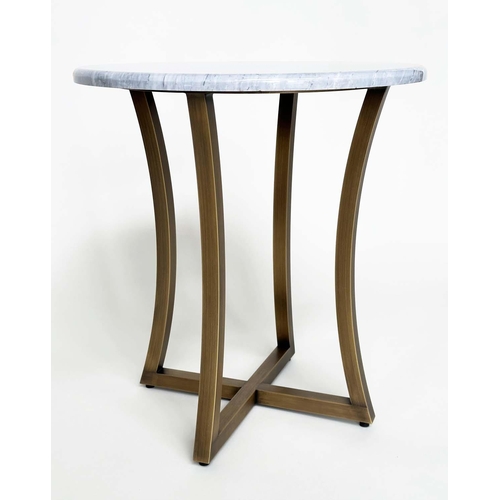 423 - DECCA SIDE TABLE, circular grey/white marble and curved interlocking gilt metal bronzed supports, 50... 