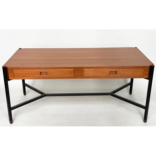 424 - DESK, teak, in the manner of Ico Parisi, with two drawers and stretchered lacquered metal supports, ... 