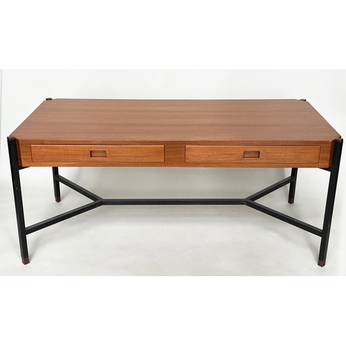 424 - DESK, teak, in the manner of Ico Parisi, with two drawers and stretchered lacquered metal supports, ... 