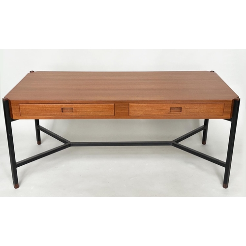 424 - DESK, teak, in the manner of Ico Parisi, with two drawers and stretchered lacquered metal supports, ... 