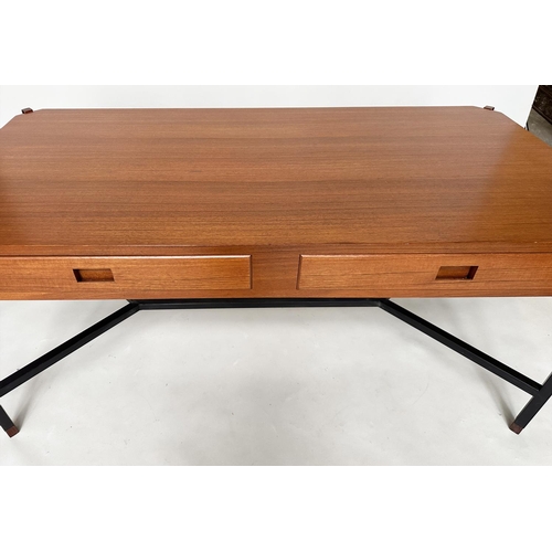 424 - DESK, teak, in the manner of Ico Parisi, with two drawers and stretchered lacquered metal supports, ... 