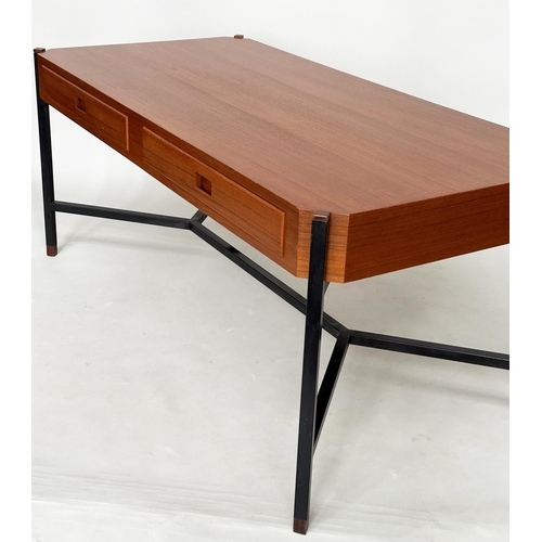 424 - DESK, teak, in the manner of Ico Parisi, with two drawers and stretchered lacquered metal supports, ... 