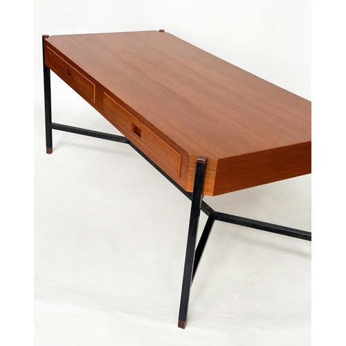 424 - DESK, teak, in the manner of Ico Parisi, with two drawers and stretchered lacquered metal supports, ... 