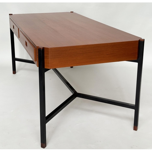 424 - DESK, teak, in the manner of Ico Parisi, with two drawers and stretchered lacquered metal supports, ... 