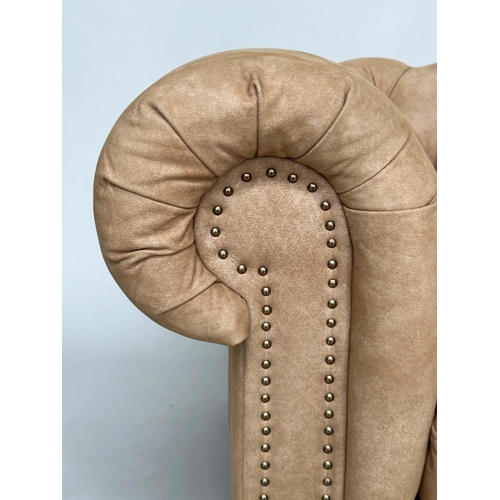 425 - CHESTERFIELD ARMCHAIR, deep buttoned nubuck light tan leather with turned supports, 116cm x 73cm H.