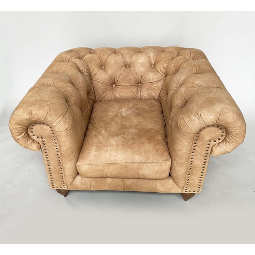 425 - CHESTERFIELD ARMCHAIR, deep buttoned nubuck light tan leather with turned supports, 116cm x 73cm H.