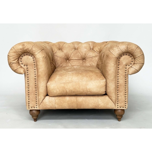 425 - CHESTERFIELD ARMCHAIR, deep buttoned nubuck light tan leather with turned supports, 116cm x 73cm H.