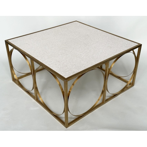 426 - LOW TABLE, square gilded metal framed with reconstituted travertine marble, 88cm x 88cm x 45cm H.