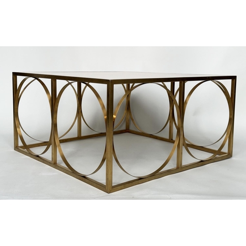 426 - LOW TABLE, square gilded metal framed with reconstituted travertine marble, 88cm x 88cm x 45cm H.