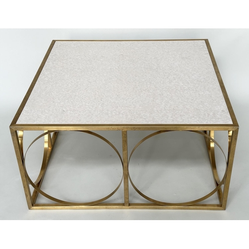 426 - LOW TABLE, square gilded metal framed with reconstituted travertine marble, 88cm x 88cm x 45cm H.