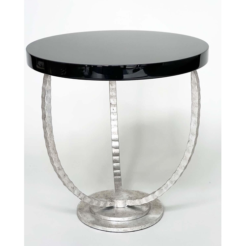 427 - PORTA ROMANA SIDE TABLE, circular ebonised with antiqued silvered tripod inswept supports, 52cm x 53... 