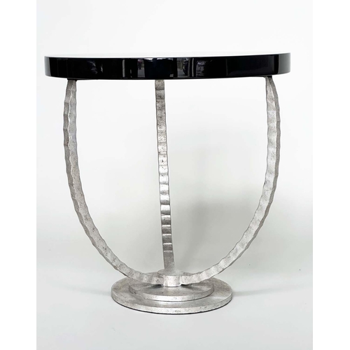 427 - PORTA ROMANA SIDE TABLE, circular ebonised with antiqued silvered tripod inswept supports, 52cm x 53... 