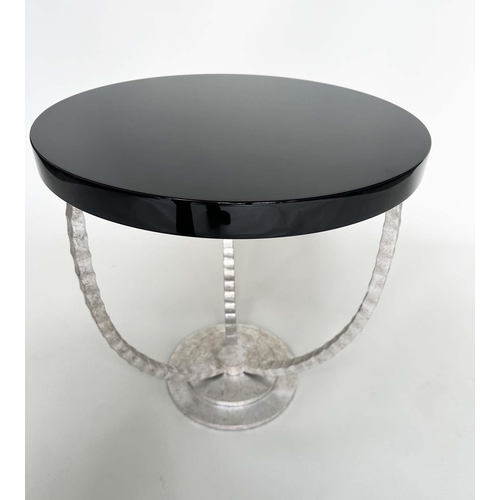 427 - PORTA ROMANA SIDE TABLE, circular ebonised with antiqued silvered tripod inswept supports, 52cm x 53... 