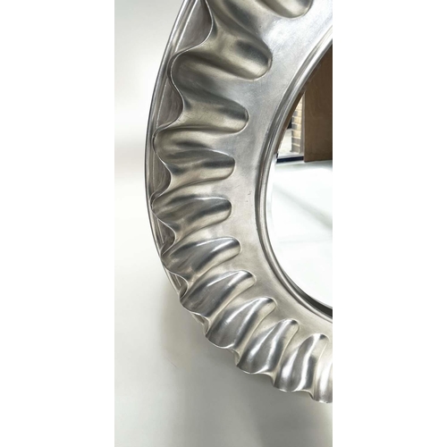 429 - WALL MIRROR, large circular wavy silvered frame, 112cm W.