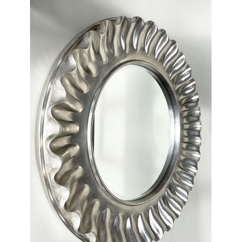 429 - WALL MIRROR, large circular wavy silvered frame, 112cm W.