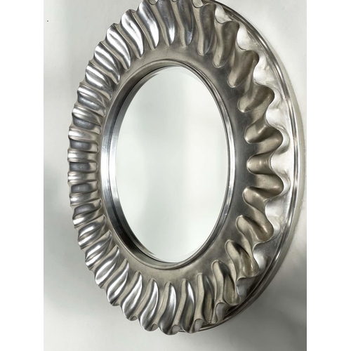 429 - WALL MIRROR, large circular wavy silvered frame, 112cm W.