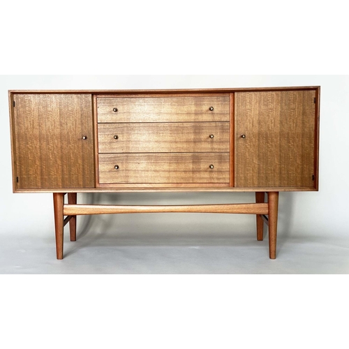 438 - GORDON RUSSELL SIDEBOARD, mid 20th century teak, with three drawers flanked by cupboards stamped to ... 