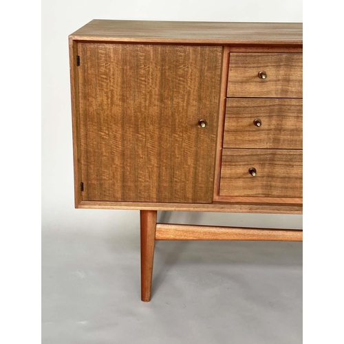 438 - GORDON RUSSELL SIDEBOARD, mid 20th century teak, with three drawers flanked by cupboards stamped to ... 