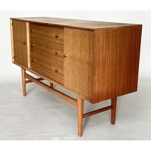 438 - GORDON RUSSELL SIDEBOARD, mid 20th century teak, with three drawers flanked by cupboards stamped to ... 