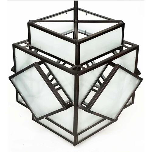 439 - HALL LANTERNS, a pair, Art deco style, metal framed and frosted glass, 73cm H x 50cm. (2)